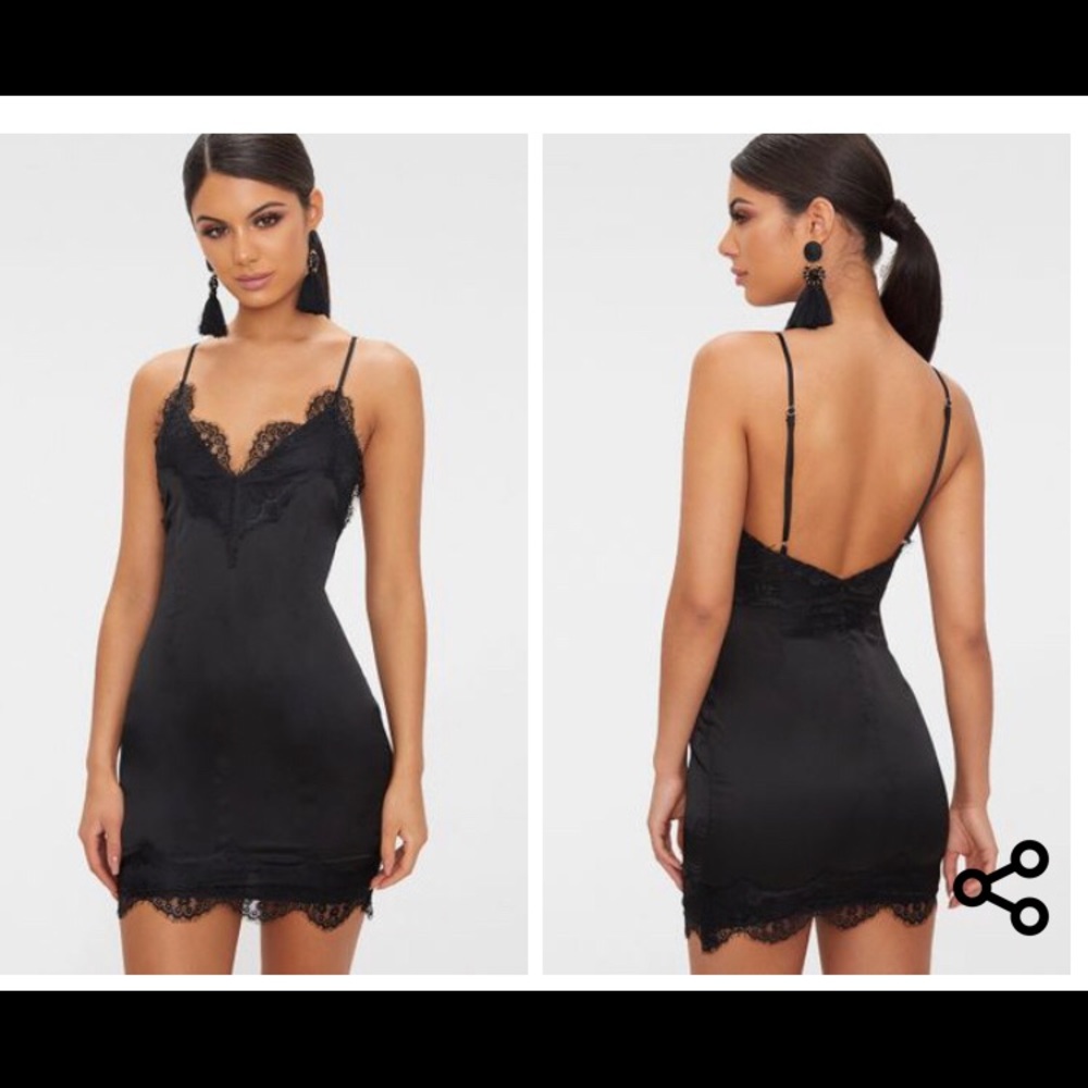 Black Lace Trim Satin Dress